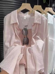 Elegant Bamboo Rayon Long Sleeve Shirt Womens Loose Fit Autumn Style Korean Fashion Casual Outerwear + Strap Set Trendy