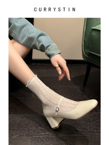 รองเท้าส้นสูงสีเงิน Mary Janes สำหรับผู้หญิง ฤดูร้อน 2025 รองเท้าส้นแบนสีขาว รองเท้าหนังสีดำ รองเท้าส้นสูงแบบสวมสบาย