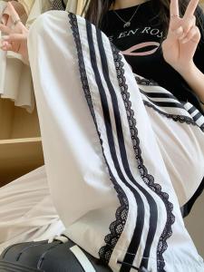 High Waist Loose Fit Drawstring Sporty Casual Pants Womens Summer Thin Lace Trim Patchwork Wide Leg Commute Style Trousers