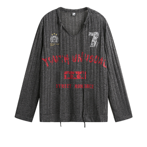 American Style V-Neck Long Sleeve T-Shirt Mens Spring Autumn Loose Thin Knitted Shirt Outerwear Breathable Polyester