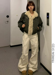 กางเกงทำงานขากว้างสีขาวเทาสไตล์อเมริกันสำหรับผู้หญิง กางเกงขายาวทรงตรงเอวสูง ทรงหลวม ฤดูใบไม้ร่วง/ฤดูหนาว