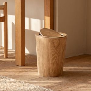 Household Nordic and Japanese Style Log Simple Wooden Wood Grain Trash Bin Creative Household Commercial Homestay Hotel Office Living Room Bedroom Flip with Lid Storage Wastebasket