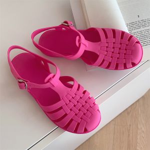 Thin Strip Retro Barbie Pink Rose Red Roman Sandals Womens Summer Fashion Vacation Beach Flat Jelly Shoes