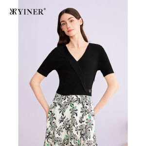 YINER | Elegant V-neck Spliced Print Waist-cinching Silk-blend Dress