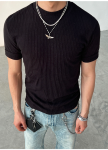 Mens Retro Style Short T-Shirt Clean Fit Simple High End Shirt Texture Stripe Pattern Shoulder Line Clear Summer Fashion