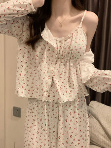 Pure Cotton Long Sleeve Sleepwear Cherry Patterned Three Piece Set Spring Autumn Womens Style Comfortable Home Clothes