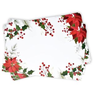 VIKAMA Poinsettia Holly Berry Placemats Christmas Floral Dining Table Home Kitchen Xmas Holiday Party Decor
