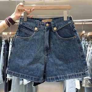 High Waist Wide Leg Denim Shorts Womens Summer 2024 New Style A-Line Hot Pants Trendy Turn-Up Hem Commute Style Polyester Cotton