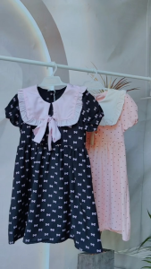 Collared Dress Trendy Polka Dot Bowknot Design Puff Sleeve Sweet Style Outfit Summer Dress for 3-12Y Kids Girls