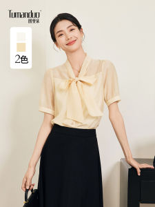 Tumando Champagne Color Bow Tie Short Sleeve Shirt Womens Summer Teacher Commute Interview High-End Feeling Blouse