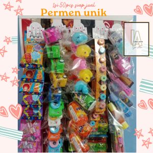 Paket usaha permen unik isi 50pcs murah harga grosir rencengan random berbagai bentuk.