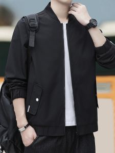 ROMON | Lormen Mens Baseball Collar Jacket Stylish Casual Short Length Windproof Flight Suit Coat Fashionable Polyester Fiber Autumn Season