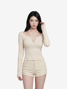 qiaocong | Halter Lace Patchwork Slim Fit Spring Long Sleeve T-Shirt