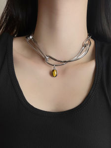 Exaggerated Ocean Agate Necklace Luxury Geometric Chain Silver Tone Womens Fashion Jewelry Fresh out Lockbone Chain Single Layer with Pendant