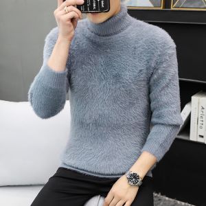 ROMON | Lormen Mens High Collar Fleece Lined Knitwear Winter Thick Warm Solid Color Integrated Fleece Inner Wear Fashionable Sweater