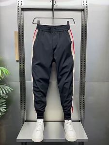 Summer New Mens Ice Silk Thin Stripe Casual Pants Trendy Quick Dry Cuffed Pants Handsome Nine Points Harlan Sweatpants