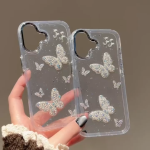 3D เคสศัพท์รูปผีเสื้อประดับเพชรสำหรับ iPhone 11 12 13 14 15 16 Pro Max Plus โปร่งใส กลิตเตอร์ กันตก ปกอ่อนสำหรับเคส iPhone 15 Pro Max