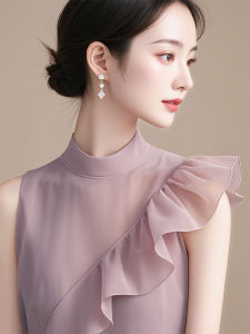 GOUWU | Áo Blouse Chiffon Phong Cách Pháp Dáng Xõa Vai Màu Tím
