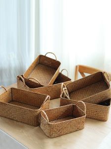 Woven Grass Storage Basket Desktop Snack Organizer Cosmetic Box Home Dry Fruit Tray Key Miscellaneous Items Storage Container