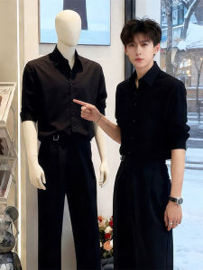 OUMULONG | Mens Stylish Black Long Sleeve Dress Shirt