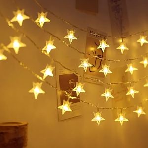 Happy Time LED Star Fairy Lights Battery Waterproof Indoor Outdoor Twinkle Christmas Lights 2 Modes Hanging Wall Lamp For Bedroom Home Decor Christmas New Year Garden Birthday Wedding Party Decorations
