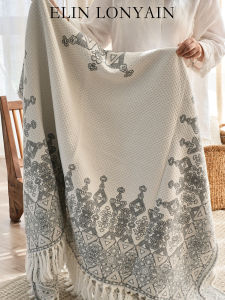 ELIN LONYAIN | Bohemian Style Jacquard Wool Linen Blend Fringe Blanket