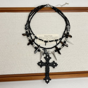 Punk Niche Style Twin Cross Necklace Dark Patchwork Choker Accessible Luxury Fancy Clavicle Chain Rivet Necklace