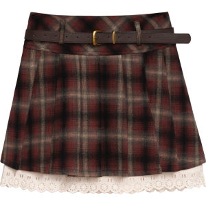 Womens Retro Plaid Woolen A- line Skirt Stylish Split Patchwork Lace High Waist Anti-Exposure Lined Skirt