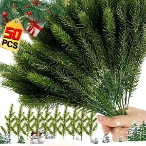 Dimoey กิ่งหวายเทียมสำหรับตกแต่งดอกไม้งานแต่งงานพวงหรีดเข็มสนพืชปลอมสำหรับเทศกาลคริสต์มาสกล่องของขวัญต้นคริสต์มาสจำนวน50ชิ้น