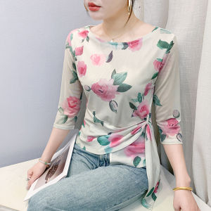 Yimei cổ tròn hồng tay áo bảy phần tư lưới T-Shirt cho mùa hè 2025 áo thanh lịch mới Niche in bất thường Áo khiêu vũ