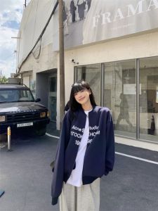 American Style Retro Letter Print Long Sleeve round Neck Sweatshirt Jacket Womens Loose Casual Zipper Open Cardigan Top