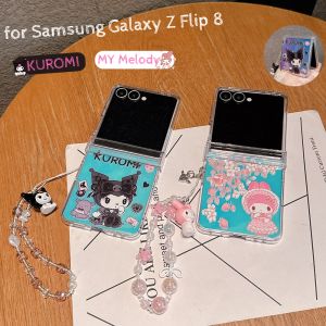 Sanrio | Kawaii Y2K Gradient Laser Kuromi Girlish with Pearls Strap Case for Samsung Galaxy Z Flip 8 7 6 5 Slim Anti-drop Protector Cover