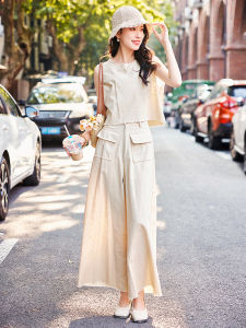 Korean Retro Summer Cotton Linen Two-Piece Set Sleeveless Top Wide Leg Pants Womens Fashion Ensemble Dream Danuo Brand