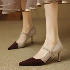 เรียบหรู รองเท้าเดี่ยวหัวแหลมฝรั่งเศส ผู้หญิง ของแท้ หนัง Matte Slip-On Retro Color Block Buckle รองเท้าส้นสูง ทันสมัย