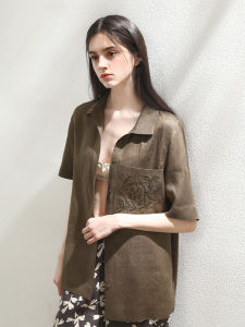 Miccbeirn | Pure Linen Embroidered Short Sleeve Shirt Casual Turn-down Collar Fashionable Top Breathable Womens Commute Style Clothing