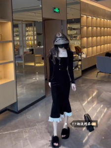 Elegant Black Velvet Long Sleeve Dress Womens Autumn Season Square Collar Fish Tail Waist Inward Design Comfortable Fit Style