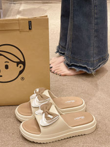 Cute Butterfly Knot Thick Heel Slippers Womens Summer Fashion Outdoor Indoor Home Use Anti-Slip Silent Flat Heel Sandals