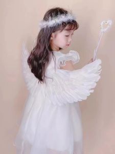 Fashion Kids Baby Photography Props Amazing LED Light White Angel Feather Wings Costume Headband Fairy Wand Princess Skirt for 2-8yrs Fairytale Birthday Party