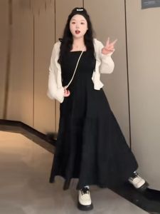 plus Size French Hepburn Style Wrap Dress Set Womens Autumn Slimming Belly Covering Sun Protection Open Cardigan Casual A-Line Skirt Long Sleeve