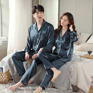 Couple Pajamas Spring & Fall Summer Artificial Silk Men and Women Long Sleeves Cardigan Ice Silk plus Size plus Size Homewear Suit