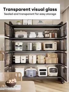 LOADNIX Carbon Steel Kitchen Storage Cabinet with Glass Doors Large Capacity Pantry Cupboard Rolling Organizer for Appliances Cookware Dishes