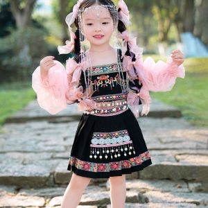 Childrens Princess Skirt Set Minority Zhuang Ethnicity Three March Three Han Yi Miao Ethnicity Cotton Polyester Elastic Fiber