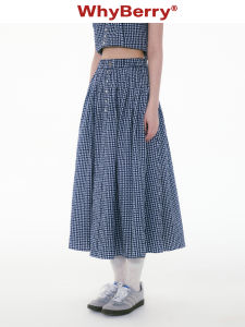 WhyBerry Light Colored Heavy Embroidery Loose Summer Holiday Style Half Skirt Womens Sweet Grid Pattern mid Waist A-Line Skirt