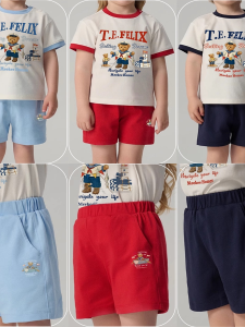 Summer New Arrival Pure Cotton Short Sleeve+Shorts Bear Patterned Outfit for Boys And Girls Comfortable Breathable Kids Clothing