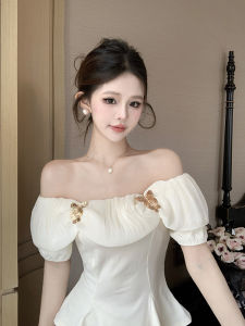 GUZILIAN | Áo thun nữ hở vai thắt nơ gợi cảm mùa hè cổ chữ V tay ngắn dáng ôm vừa vặn kiểu Pháp Áo thun cổ bẻ thường ngày