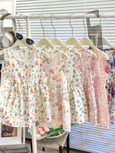 Lightweight Summer Dress for Girls Bubble Cotton Sleeveless Vest Dress Baby Floral Long Skirt High Waist Polyester Fiber