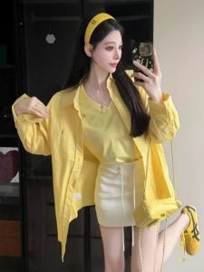 Áo Sơ Mi Nữ Tay Dài Dáng Rộng Màu Vàng Phong Cách Hong Kong Mùa Hè Mới Áo Thun Cotton Thường Ngày Áo Sơ Mi Nữ Mùa Hè