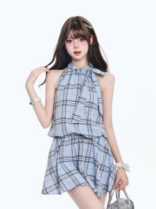 Đầm A-Line Kiểu Halter Lỏng Slim Fit Off Shoulder Vintage Check
