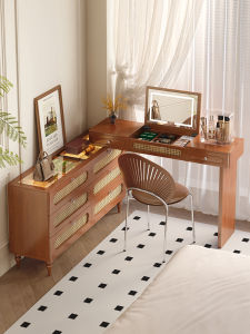 YANGYING | French Style Wooden Dressing Table with Storage Cabinet and Wicker Weaving