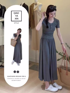 Fashionable Button-Up Short Sleeve Midi Skirt Set Womens Summer 2024 Slimming Two-Piece Suit Chinese Production